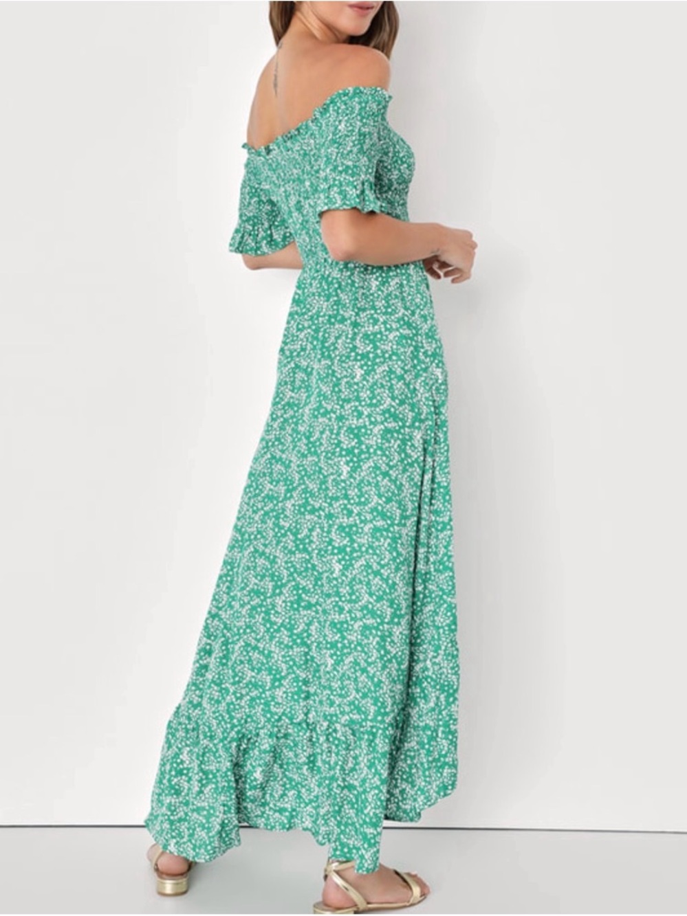 Lulus Fleur-tation Green Floral Print Off-the-Shoulder Midi Dress